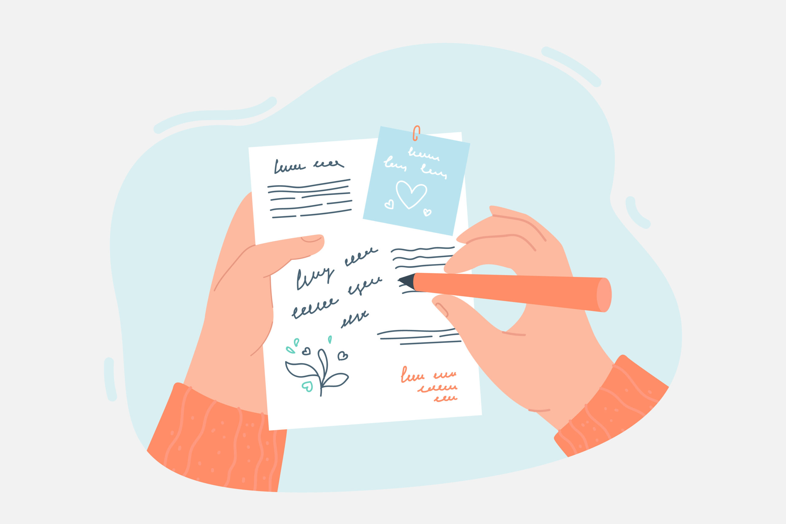 Person writing love letter flat vector illustration Person writing love letter flat vector illustration
